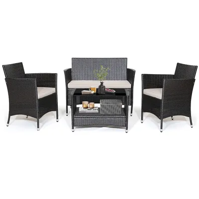4pcs Patio Rattan Furniture Set Armrest Cushion Sofa Coffee Table Withshelf Garden