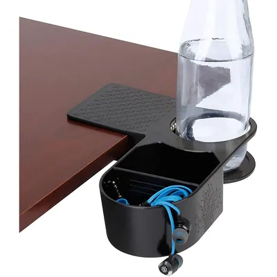 Clip On Desk Cup Holder - Desktop Organizer Clamp With Tray - Drink & Accessory Storage With Metal Spring & Divider - Ideal For Chairs & Tables - Holds Phones, Office Supplies & Snacks