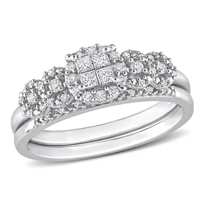 1/3 Ct Tw Diamond Cluster Bridal Ring Set 10k White Gold