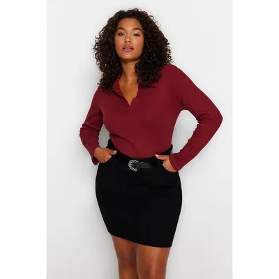 Women Plus Fitted Bodycone Polo Neck Knitted Body