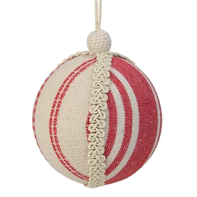 4.75" Red And White Striped Ball Christmas Ornament With Rope Accent