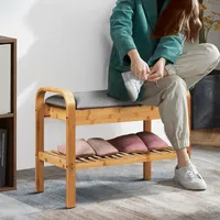 Shoe Rack Bench Bamboo W/cushioned Seat&storage Shelf Padded Seat Shoe Bench