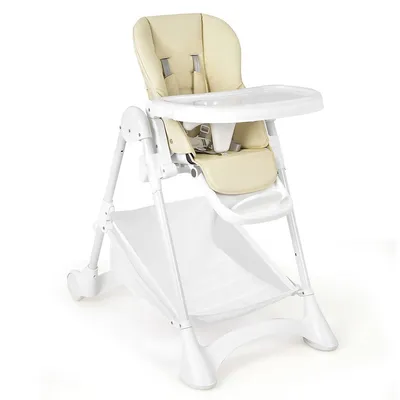 Baby Convertible Folding Adjustable High Chair W/wheel Tray Storage Basket Greybeige