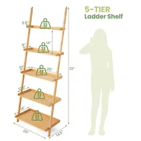 2 Pcs 5-tier Bamboo Ladder Shelf Wall-leaning Display Bookcase Storage Rack