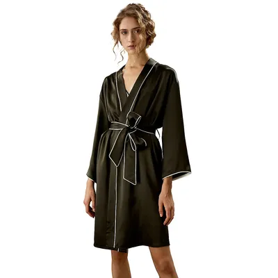 Contrast Piping Long Sleeves Night Robe For Women