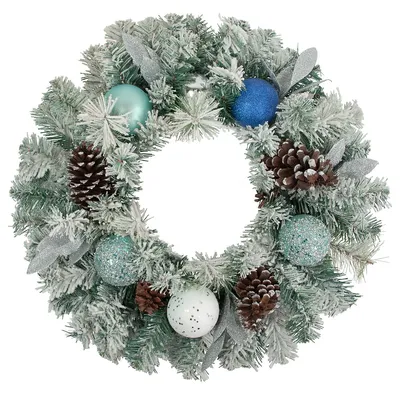 Flocked Pine With Blue And Silver Ornaments Artificial Christmas Wreath, 24-inch, Unlit