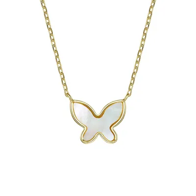 Kids 14k Yellow Gold Plated With Mother Of Pearl Butterfly Pendant Layering Necklace