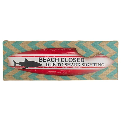 Rectangular Burlap Covered "beach Closed" Shark Bite Surfboard Wall Art 24"