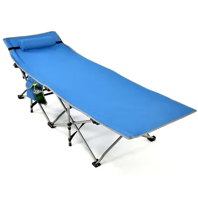 Folding Camping Cot Heavy-duty Outdoor Bed W/ Side Storage Pocket Green/blue
