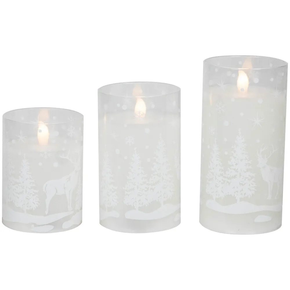 Northlight Set Of 3 Snowy Woodland Flameless Led Flickering Glass Christmas  Pillar Candles 6