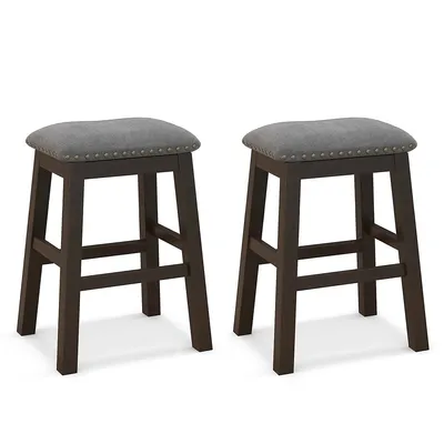 Set Of 2 Upholstered Saddle Bar Stools 24.5" Dining Chairs With Wooden Legs Gray