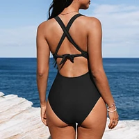 Women's Ruched Cross Back One Piece Swimsuit