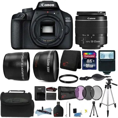 Eos 4000d 18mp Digital Slr Camera + 18-55mm Lens + 58mm Telephoto & Wide Angle Lens + Filter Kit + 16gb Memory Card Kit