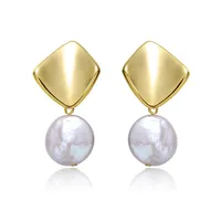 Sterling Silver 14k Yellow Gold Plated With White Coin Freshwater Pearl Drop Double Dangle Geometric Earrings