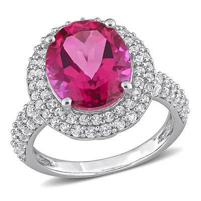 Pink Topaz And Created White Sapphire Double Halo Cocktail Ring Sterling Silver