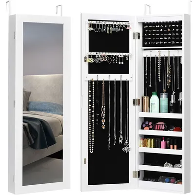 Costway Wall & Door Mounted Mirrored Jewelry Cabinet Armoire Organizer Storage Led Light