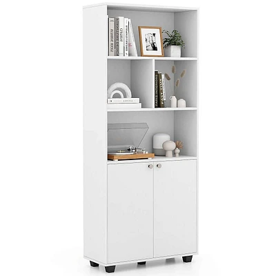 66" Tall Home 5 Tier Free Standing Bookshelf 2-door Storage Cabinet Display Rack