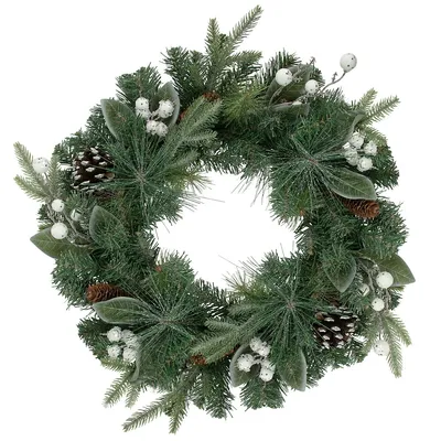 Frosted White Berry And Mixed Pine Artificial Christmas Wreath, 24-inch, Unlit