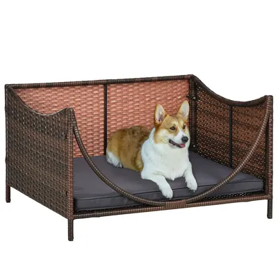Rattan Pet Bed With Cushion For Small Medium Dog Cat, Brown