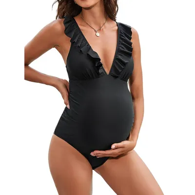 Women's Deep V Neck Ruffle Back Tie One Piece Maternity Swimsuit