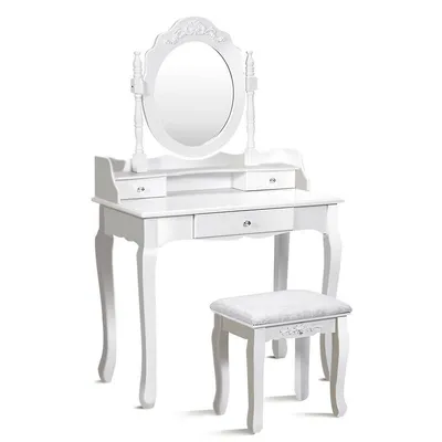Costway Vanity Wood Makeup Dressing Table Stool Set Bathroom W/mirror 3 Drawer