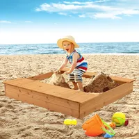 Kids Wooden Sandbox W/ Bench Seats & Storage Boxes Children Outdoor Playset