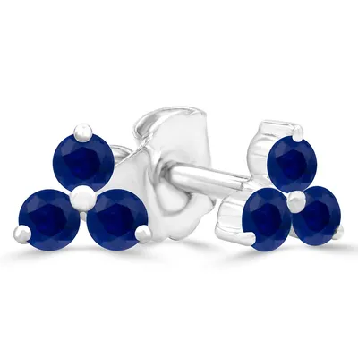 0.26 Ct Round Blue Sapphire Three Stone Earrings 14k White Gold