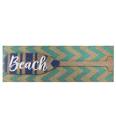 Aqua Blue Chevron Burlap With “beach" Wood Look Oar Linen Wall Art 24"