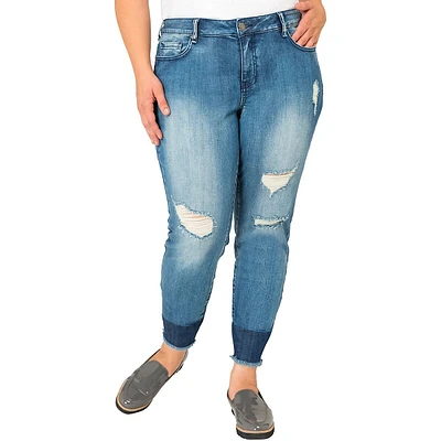 Plus Women Raw Hem Two Tone Skinny Crop Premium Jeans