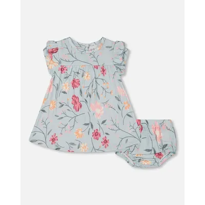 Muslin Dress And Bloomers Set Light Blue With Printed Romantic Flowers