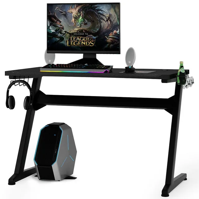 Goplus 45.5 Gaming Desk, Z Shaped Racing Game Table with Carbon Fiber  Surface, Mouse Mat, Headphone Hook, Cup Holder, Game Handle Rack, Ergonomic  Home