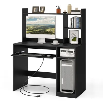 Computer Desk Study Bookcase Workstation With Charging Station Hutch & Cpu Stand
