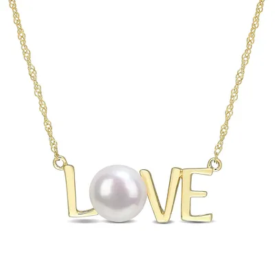 Freshwater Cultured Pearl "love" Pendant With Chain In 10k Yellow Gold