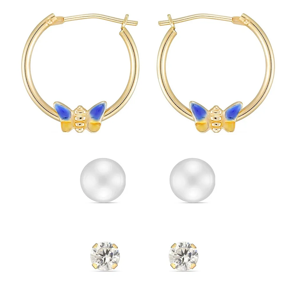 10kt Hoop With Butterfly, Button Pearl And Cz Stud Set Earrings
