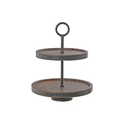 Gray Acacia Wood With Riveted Gunmetal 2 Tier Cake Stand