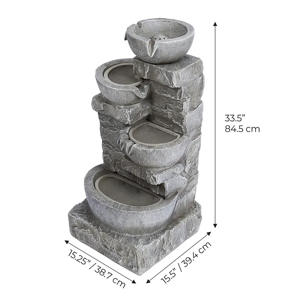 Teamson Home Led Water Fountain Stacked Stone Tiered Bowl Outdoor Grey