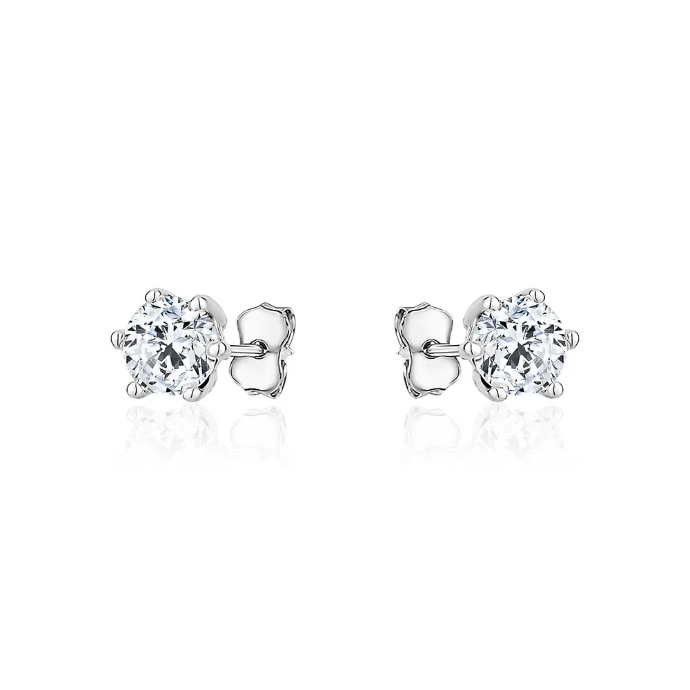 2.0ct 18k White Gold Plated Silver Six Prong Clear Zirconia Stud Earrings