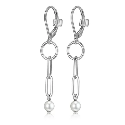 Rhodium-plated Sterling Silver Shell Pearl Clip Link Drop Earring