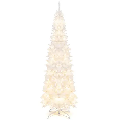 7ft Pre-lit Hinged Pencil Christmas Tree White W/ 300 Led Lights & 8 Flash Modes