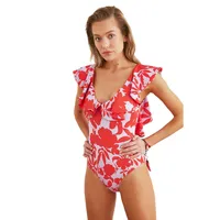 Women Floral Ruffle Detailed Knitted Swimsuit