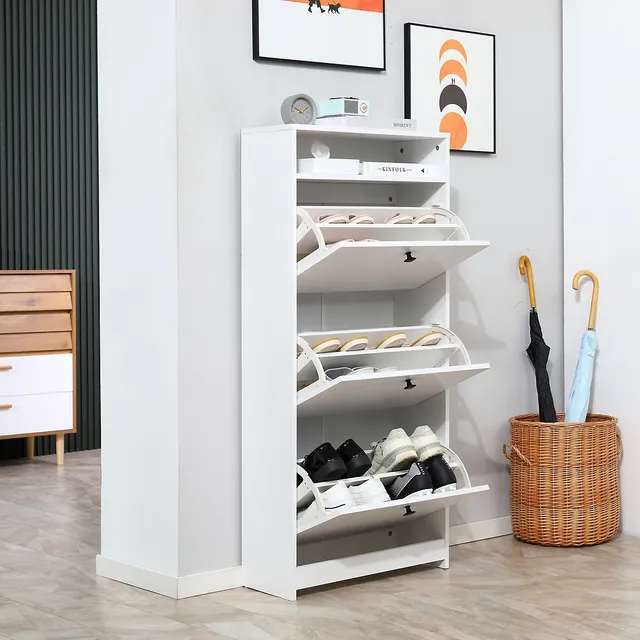 HOMCOM Shoe Storage Cabinet With 3 Flip Drawers Adjustable Shelves