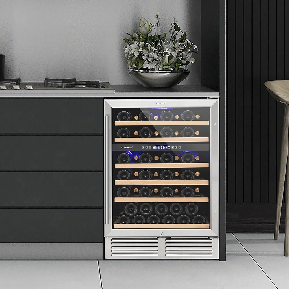 24 Inch Wine Cooler 51 Bottles Dual Zone Wine Refrigerator Built-in Freestanding