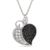 Sterling Silver 18" Pave Black And White Cz Heart Necklace