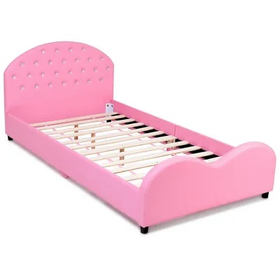 Kids Children Pu Upholstered Platform Wooden Princess Bed Bedroom Furniture Pink