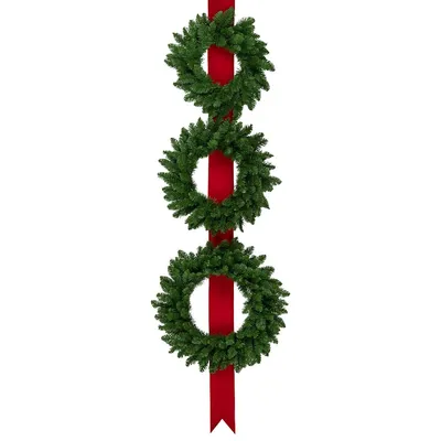 Set Of 3 Wreaths On Red Ribbon Hanging Christmas Decoration, 6.5'