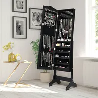 Lockable Mirrored Jewelry Cabinet Armoire Mirror Organizer Storage Box W/ Stand