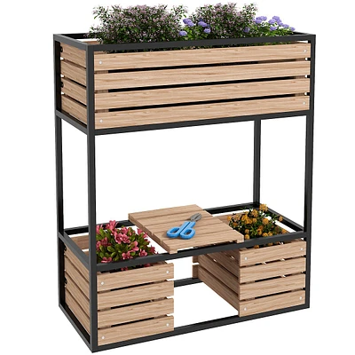 2-tier Raised Garden Bed With Storage Shelf For Flowers