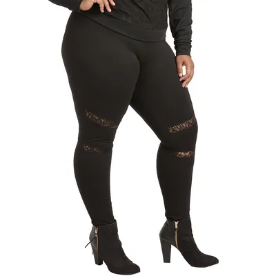 Plus Curvy Women's Lace Insets Pull On Ponte Legging