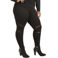 Plus Curvy Women's Lace Insets Pull On Ponte Legging