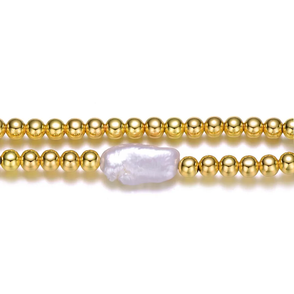 Link Stretchable Layering Bracelet With Baroque White Pearl Ball Bead